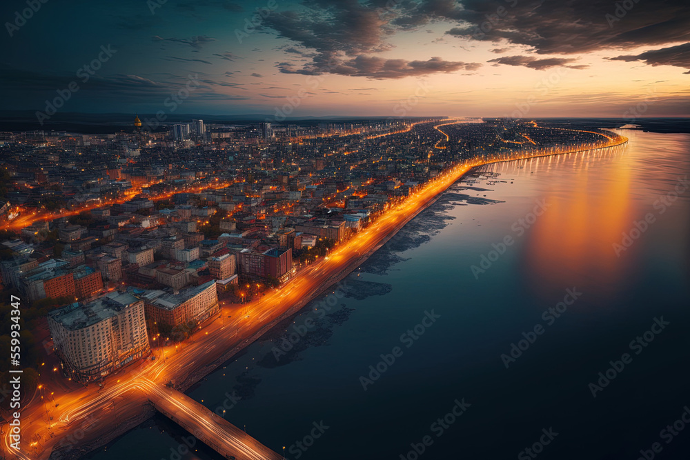 Conceptual Ai Generated Image - Russia's central embankment of the Kama River and the city of Perm are shown in this aerial top view panorama taken at dusk. Generative AI