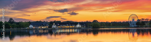 Willen Lake panorama at sunset in Milton Keynes. England