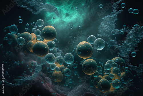 a dark backdrop with underwater oxygen bubbles. Generative AI
