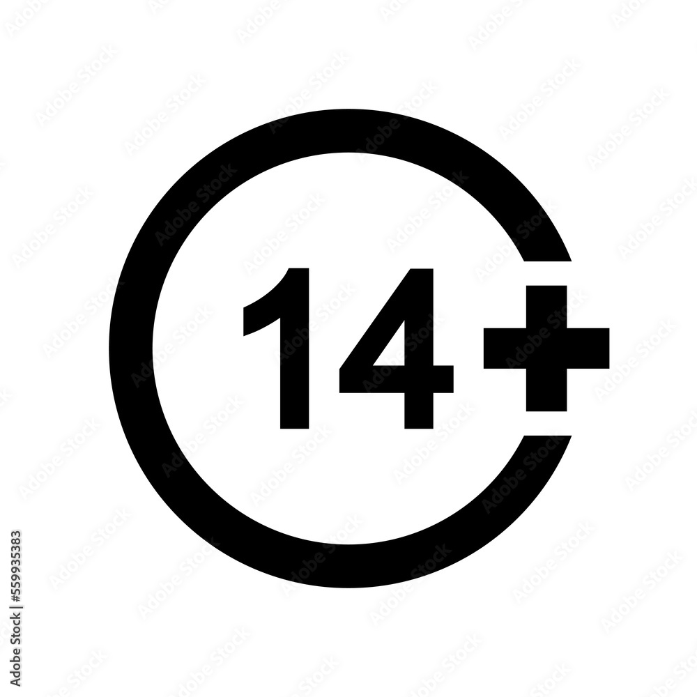 Fourteen plus icon. Number 14 in circle isolated on white background. Content age censoring symbol. Movie viewing limit label. Vector graphic illustration Fourteen plus icon. Number 14 in circle isolated on white background. Content age censoring symbol. Movie viewing limit label. Vector graphic illustration
