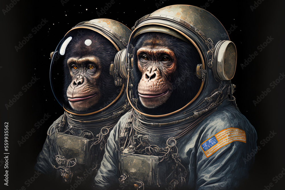 A chimpanzee astronaut and monkey are seen in a hand drawn image wearing space suits. Generative AI A chimpanzee astronaut and monkey are seen in a hand drawn image wearing space suits. Generative AI