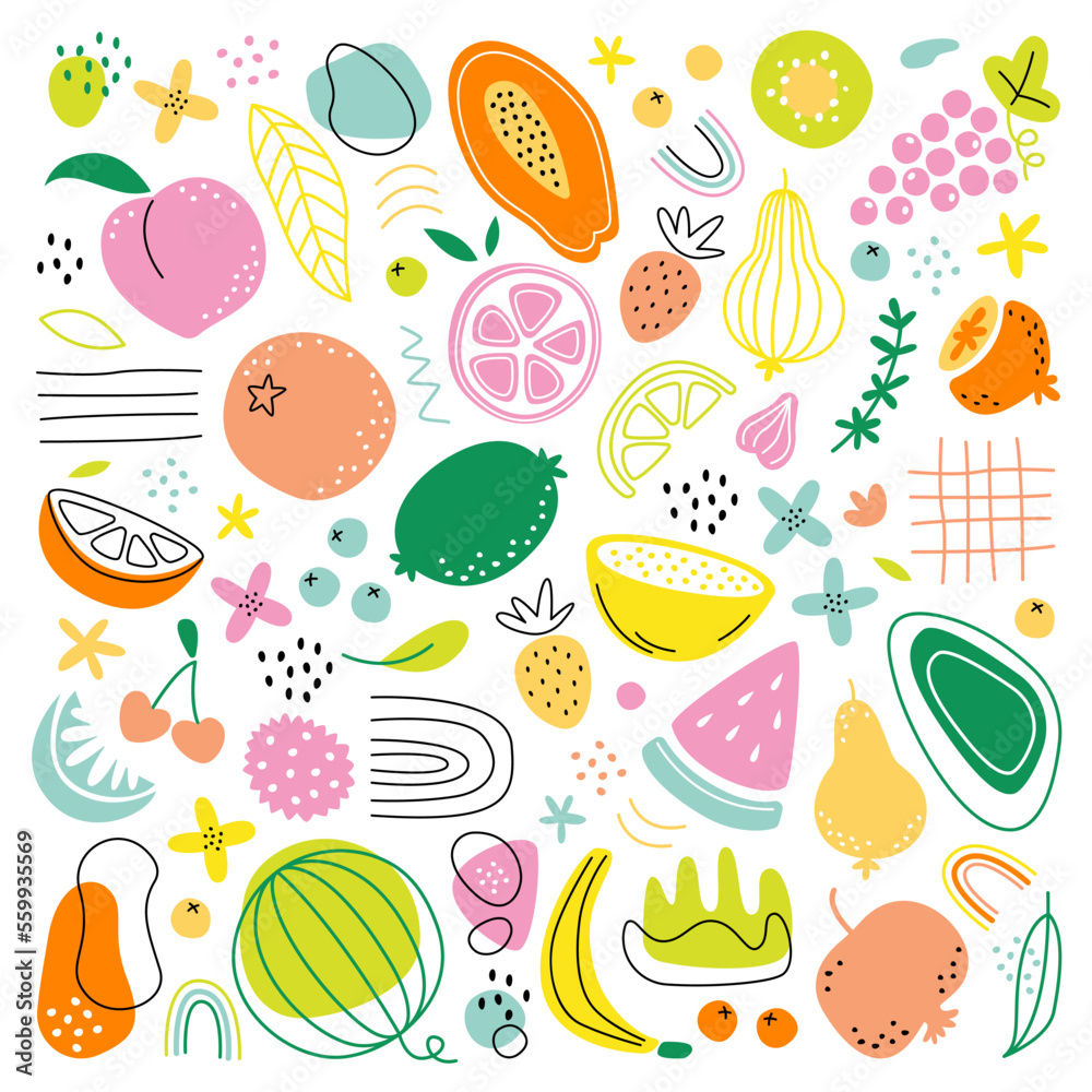 Abstract hand drawn fruit with spots flat icons set. Drawing food design ornaments. Creative paintings of melon