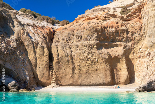 Fototapeta Naklejka Na Ścianę i Meble -  The famous Tsigrado beach with crystal clear waters and rocks. Great place for snorkeling. Milos island, Greece