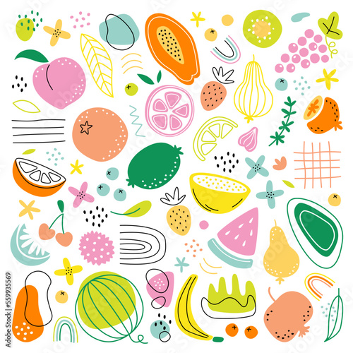 Fototapeta Naklejka Na Ścianę i Meble -  Abstract hand drawn fruit with spots flat icons set. Drawing food design ornaments. Creative paintings of melon