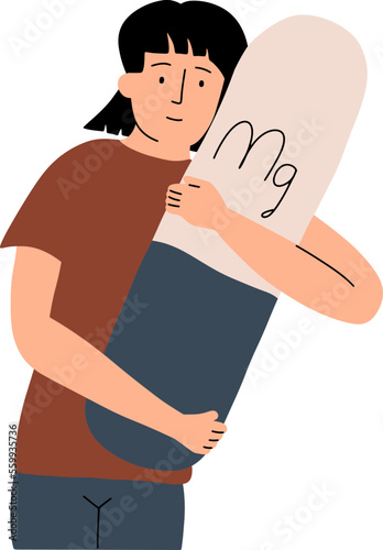 The concept of prevention of magnesium deficiency in the body. Young girl hugging vitamin Mg. Vector illustration in flat style