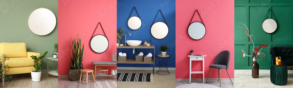 Obraz premium Collage of stylish interiors with round mirrors hanging on color walls