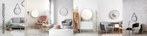 Collage of stylish interiors with round mirrors hanging on light walls © Pixel-Shot