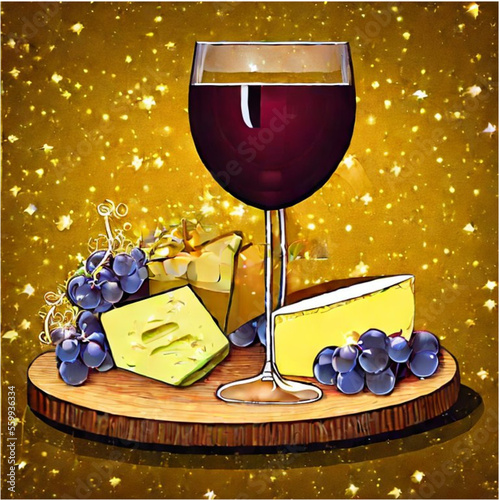Käseplatte mit Wein und Weintrauben