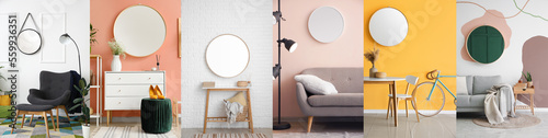 Set of stylish interiors with round mirrors hanging on walls