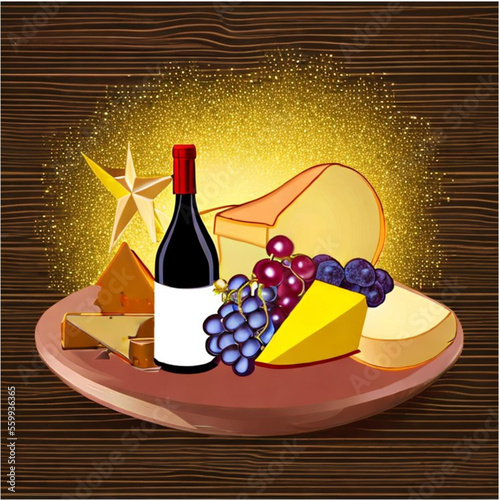 Käseplatte mit Wein und Weintrauben