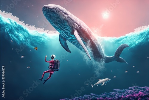 Astronaut swims with a whale