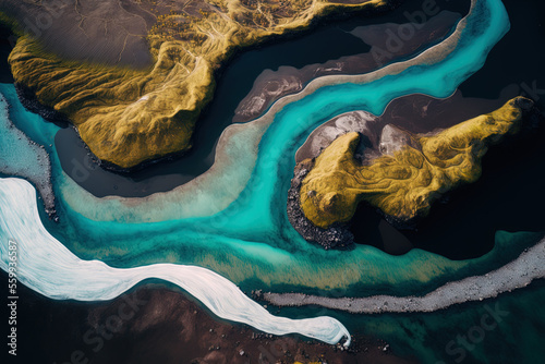 Fotobehang aerial picture of an icelandic river. Generative AI