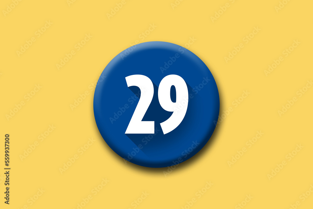 29 - twenty-nine - number on blue button and yellow background 29 - twenty-nine - number on blue button and yellow background