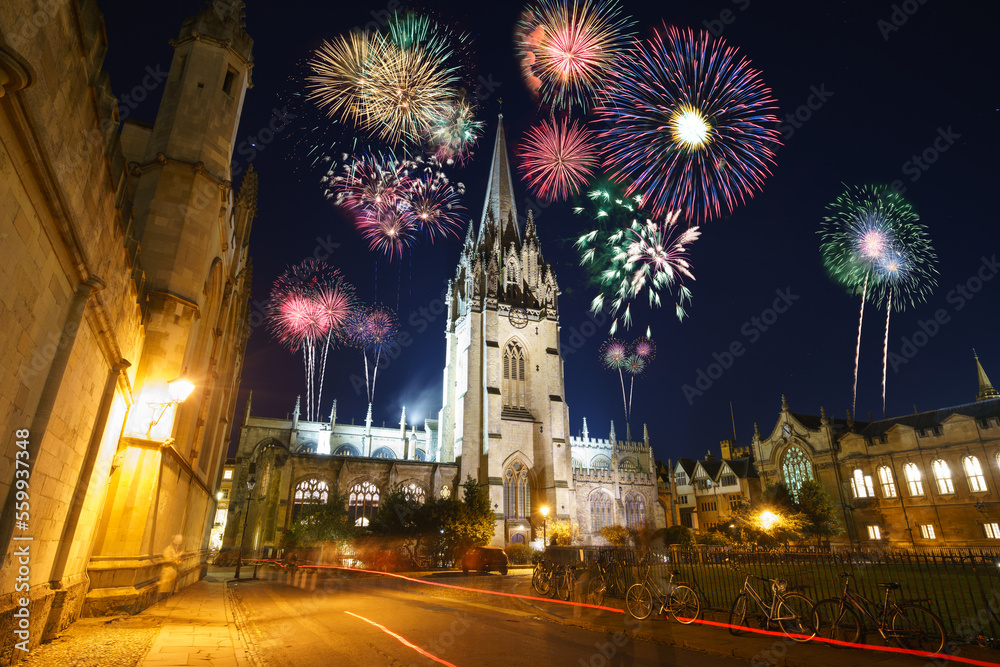 Fireworks display near St. Mary's church in Oxford. England