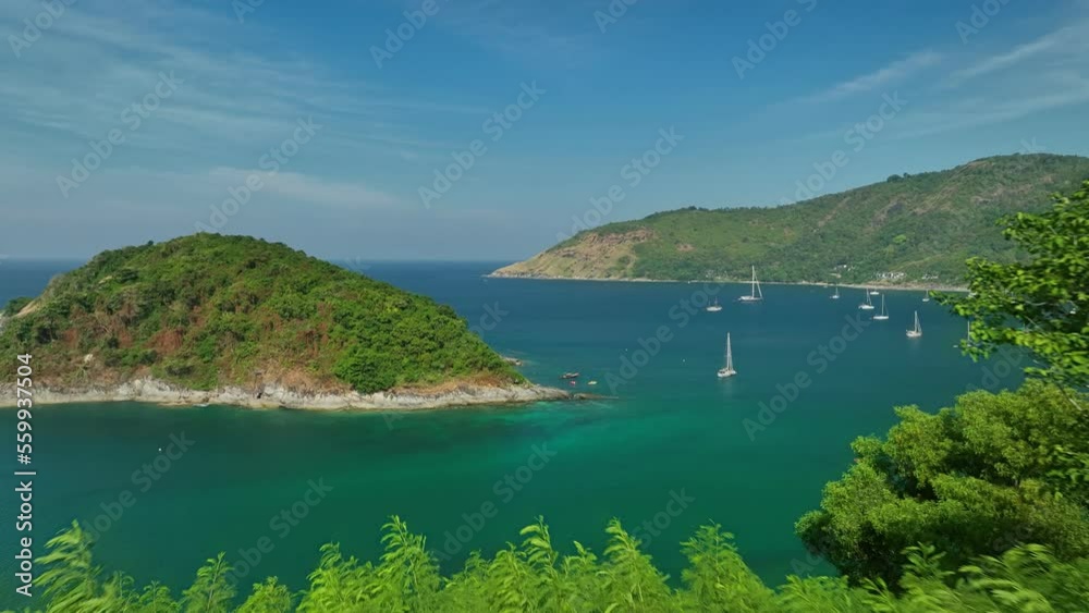 Aerial view of Phuket sea and sand beach in summer season. Amazing sea beach with ocean wave foams. Beautiful nature seascape of sea surface. Concept holiday summer Travel destination