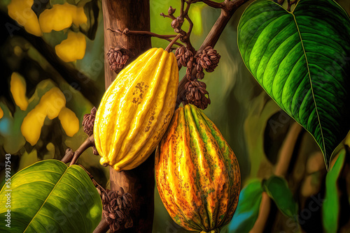 The fruit bearing cocoa tree. On the trees of the cacao plantation in the Thai town of Nan, yellow and green cocoa pods grow. Generative AI © 2ragon