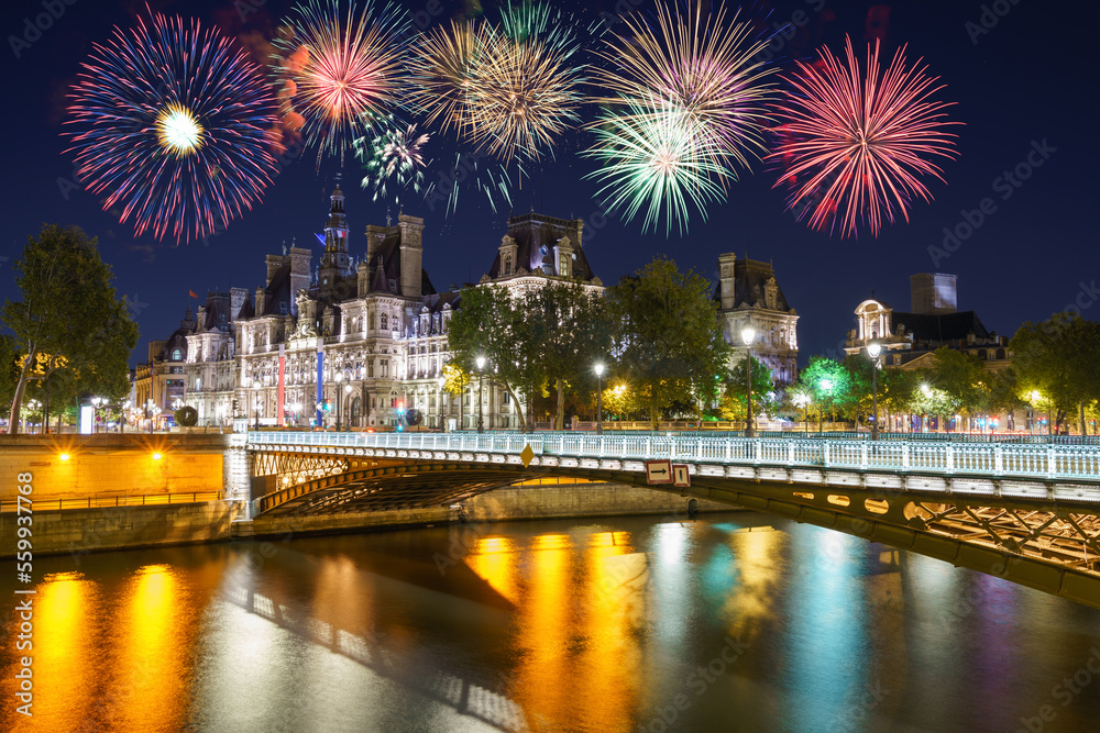 City hall of Paris with fireworks display. France