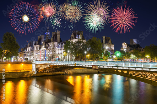 City hall of Paris with fireworks display. France