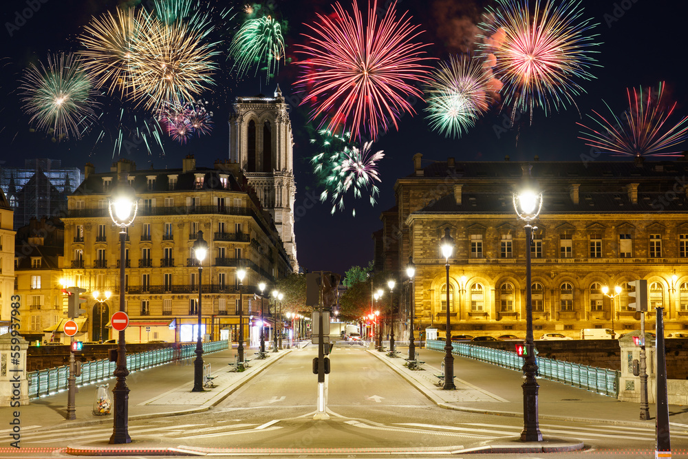 Fototapeta premium Notre Dame cathedral with New Year fireworks in Paris. France
