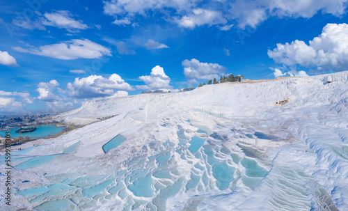 Natural travertine pools Pamukkale Turkey, terraces with blue water, aerial top view