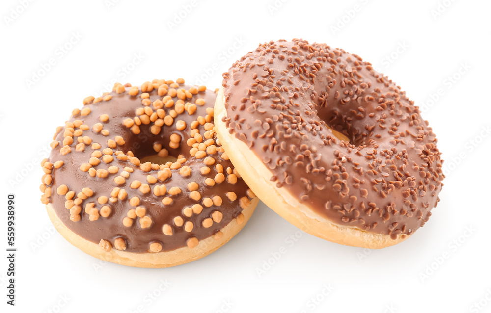 Sweet chocolate donuts on white background Sweet chocolate donuts on white background