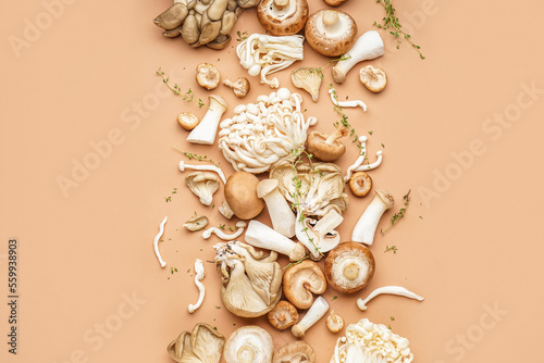 Composition with different fresh mushrooms and thyme on color background photo