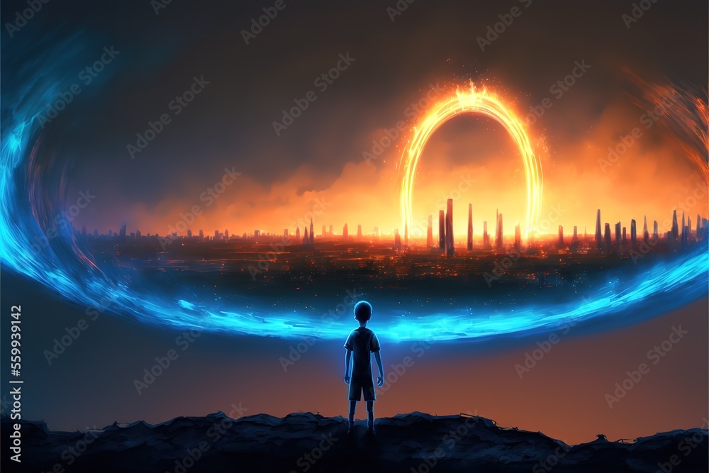 A boy in front of a glowing circle on the background of the city