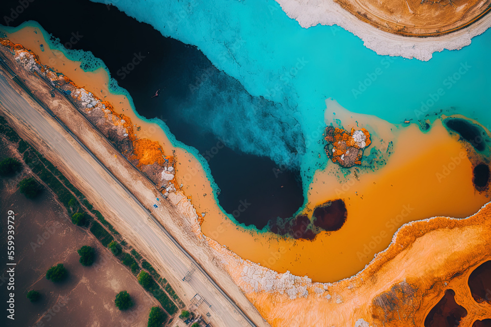 Fototapeta premium The river receives the emission of dangerous substances. overhead picture of industrial waste water. The river is drained of sewage. environmental deterioration calamity and ecological catastrophe. Co
