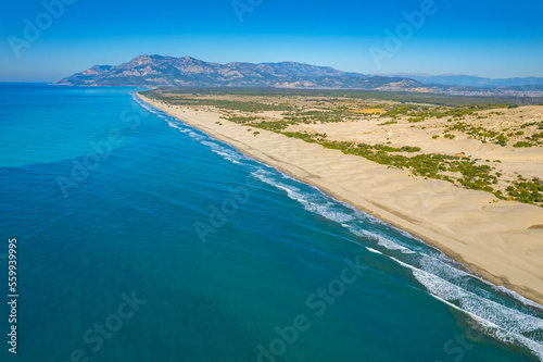 Patara sandy beach with blue sea Antalya Turkey, Aerial top view