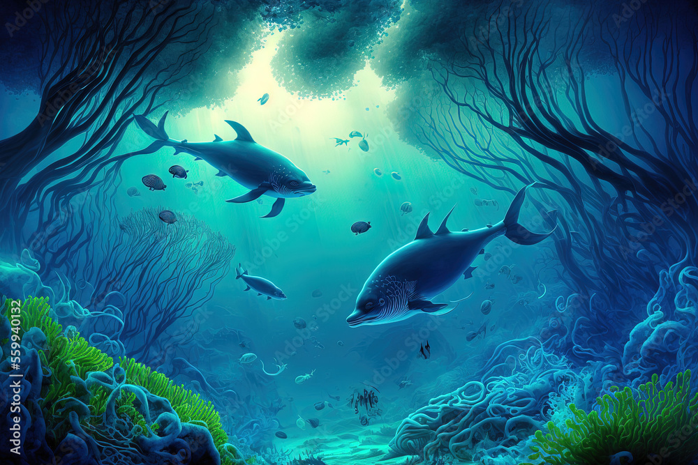 Blue idyll natural scene in the underwater realm of the ocean. Generative AI Blue idyll natural scene in the underwater realm of the ocean. Generative AI