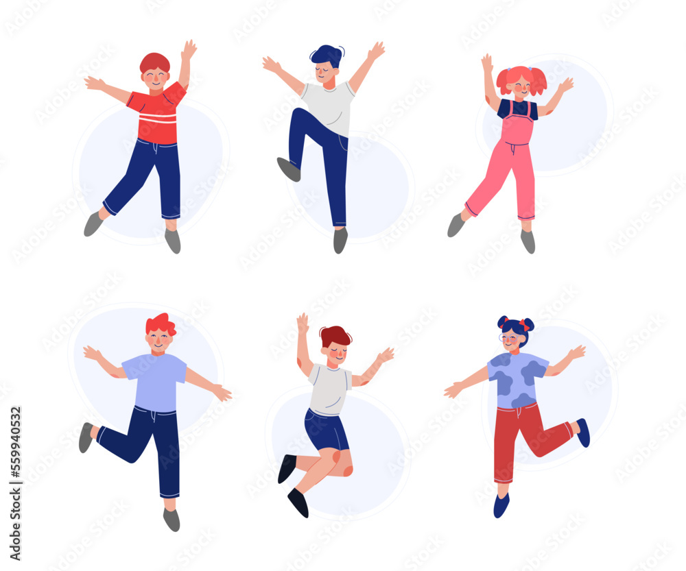 Happy boys and girls jumping with raising hands set. Joyful children having fun or celebrating success cartoon vector illustration
