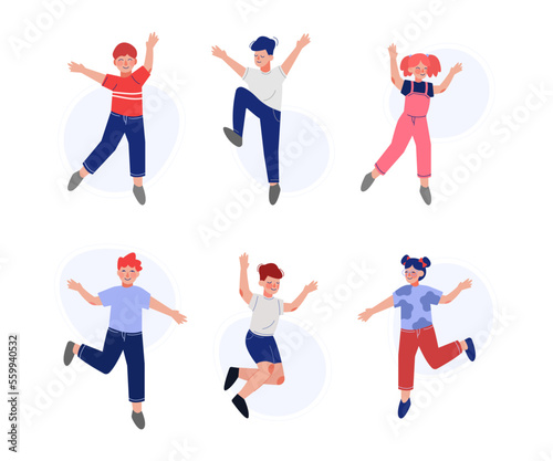 Happy boys and girls jumping with raising hands set. Joyful children having fun or celebrating success cartoon vector illustration