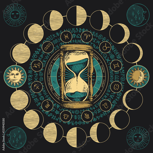 Vector circle of Zodiac signs with hand-drawn hourglass, Sun and and moon phases. Retro banner with horoscope symbols for astrological forecasts. magic runes written in a circle