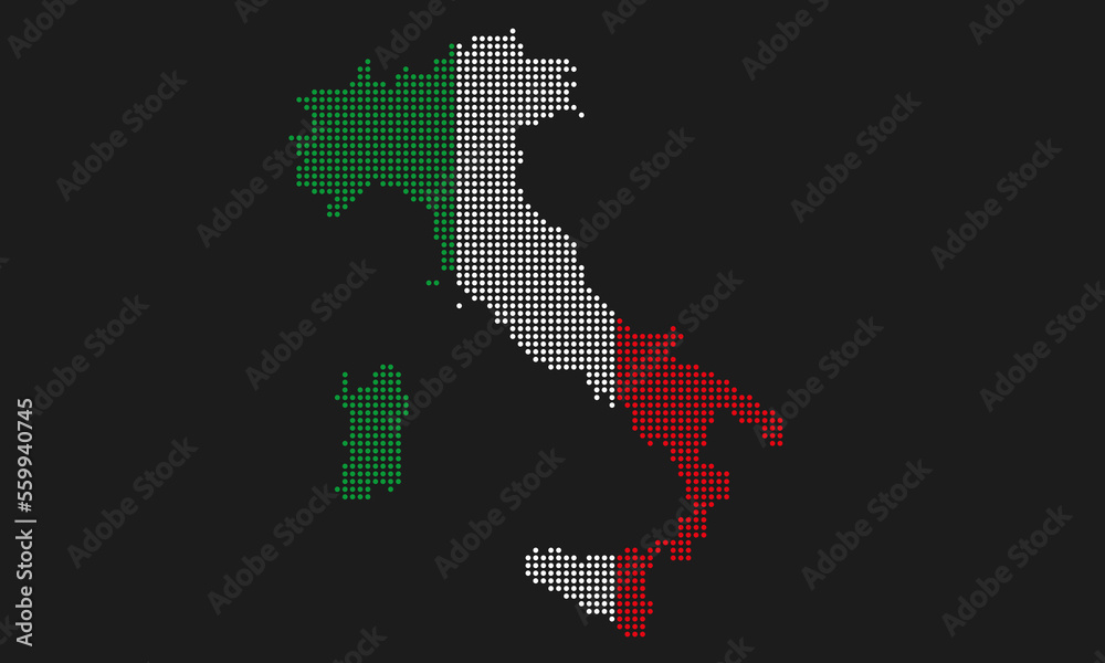 Italy map flag with grunge texture in mosaic dot style. Abstract pixel vector illustration of a country map with halftone effect for infographic. 