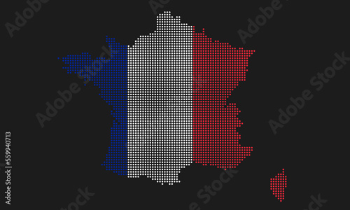 France map flag with grunge texture in mosaic dot style. Abstract pixel vector illustration of a country map with halftone effect for infographic. 