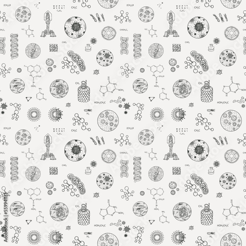 Vector seamless pattern on theme of chemistry  biology  medicine  genetics. Black and white illustration with drawings and sketches in retro style. Suitable for wallpaper  wrapping paper  fabric