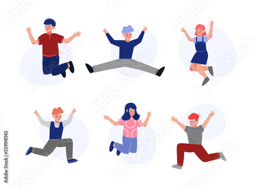 Happy boys and girls jumping with raising hands set. Joyful children having fun cartoon vector illustration