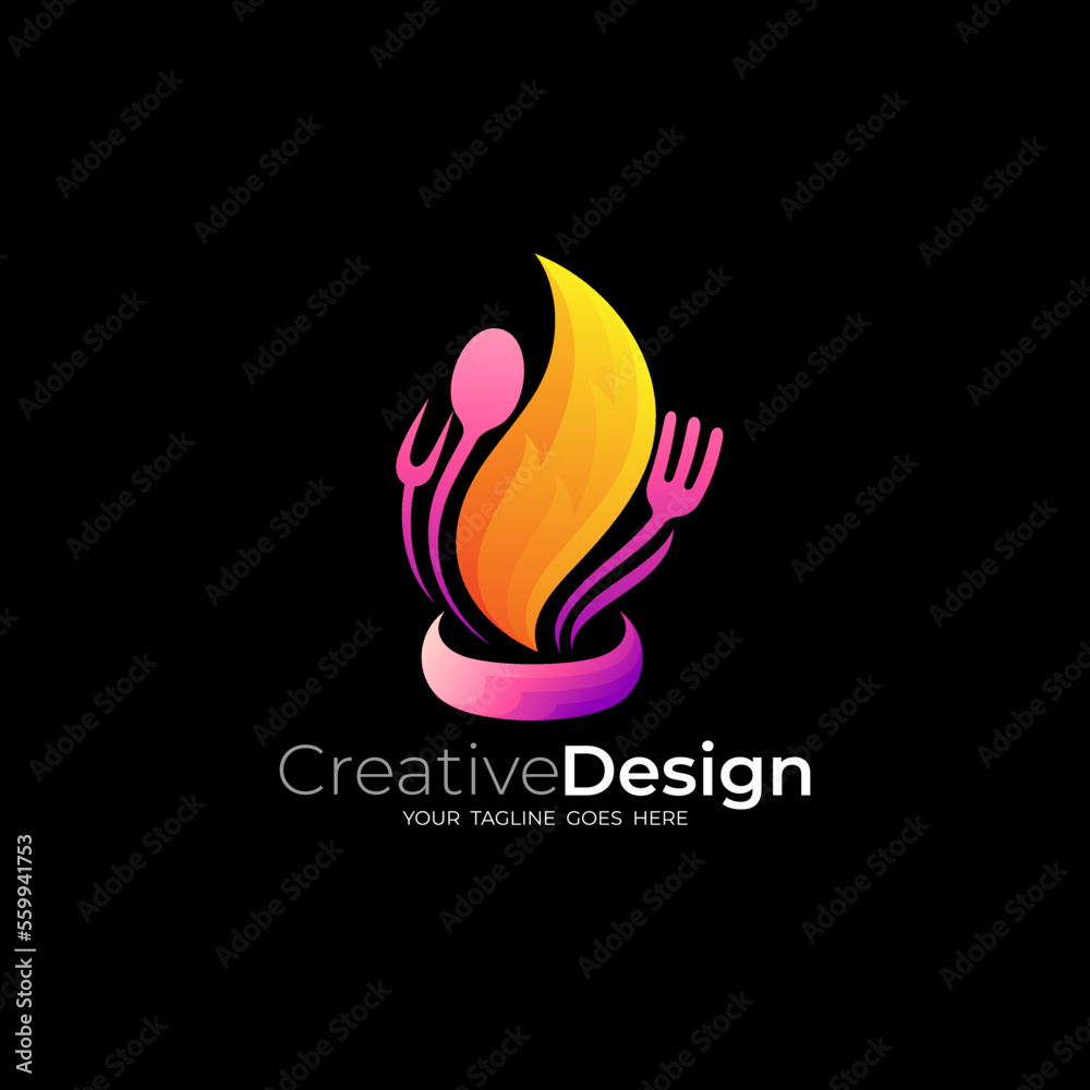 Abstract fire logo restaurant, cutlery icon and fire design combination