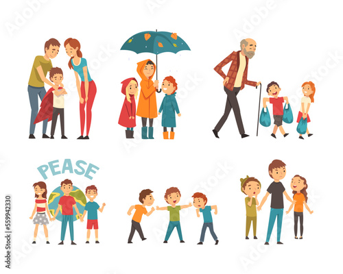 Brave and polite children's get. Well bred children helping adults, protecting weak, saving planet cartoon vector illustration
