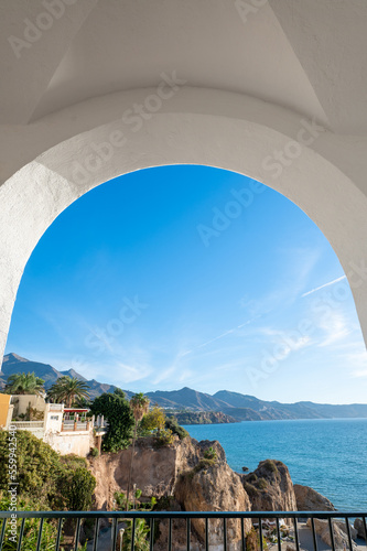 Nerja, Spain : 2022 November 19 : Beautiful day in the touristic city of Nerja in Malaga, Spain in 2022.