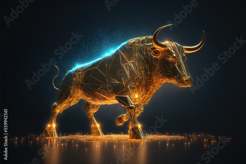 A running Golden Bull is a symbol of financial growth in a technological style on a black and blue background