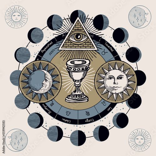 Holy Grail with the Sun, Moon, alchemical and Masonic symbols in retro style. Zodiac signs and moon phases. Vector hand-drawn banner on the theme of mysticism, magic, religion with esoteric and magic