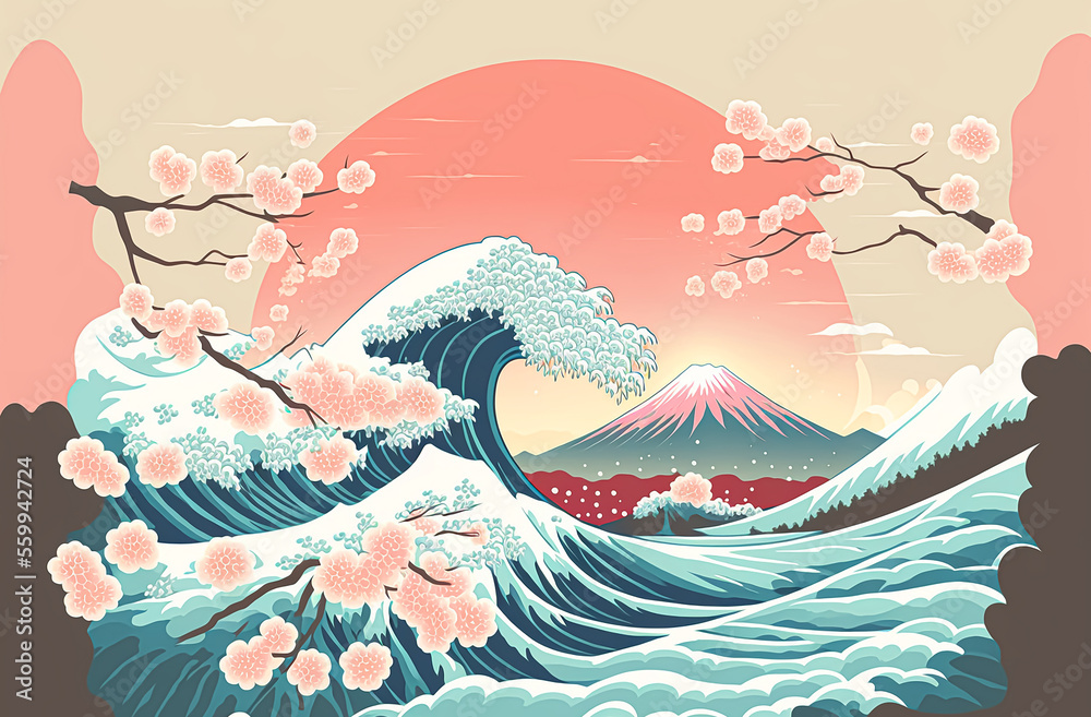 Fuji, waves and cherry blossoms in pastel colors of first sunrise New Year's card. vector illustration, Digital art, holiday, Japan. Generative AI