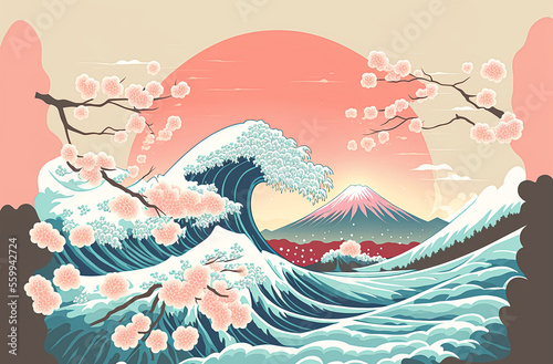 Fuji, waves and cherry blossoms in pastel colors of first sunrise New Year's card. vector illustration, Digital art, holiday, Japan. Generative AI