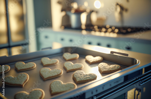 Heart Shaped Valentine's Day Cookies On Baking Pan Fresh Out Of The Oven In Warm Kitchen - Generative AI.