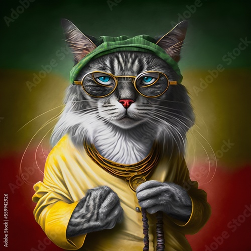 Portrait of a Rastaman cat posing with joint wearing a sweatshirt and cap, with lush dreadlocks on his head. Generative AI illustration. Creative digital painting.