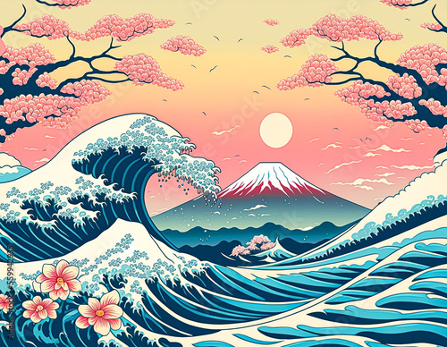 Fuji, waves and cherry blossoms in pastel colors of first sunrise New Year's card. vector illustration, Digital art, holiday, Japan. Generative AI