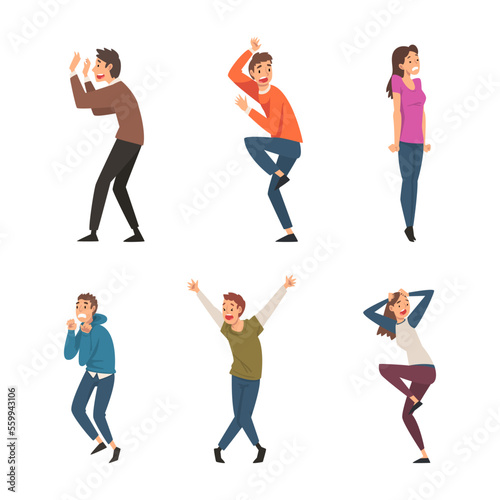 Panicked scared people set. Stressed terrified emotional men and women characters cartoon vector illustration