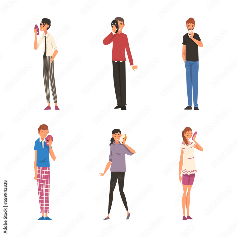 Set of people hiding faces behind social masks with fake positive emotions. Men and women in casual clothes disguising real emotions and feelings cartoon vector illustration