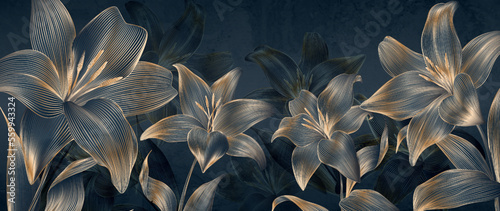 Abstract dark art background with lilies flowers in golden line style. Hand drawn botanical banner for decor, print, textile, wallpaper, interior design.